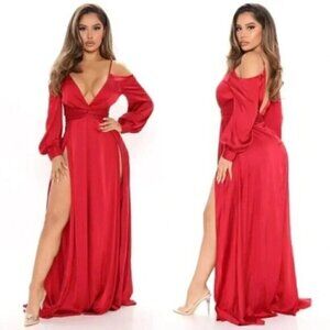 NWT Fashion Nova Mansion Dinner Party Satin  Gown Wine Burgundy Maxi Dress XS